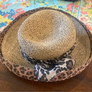 Eric Javits Tan Straw Hat with Leopard Print